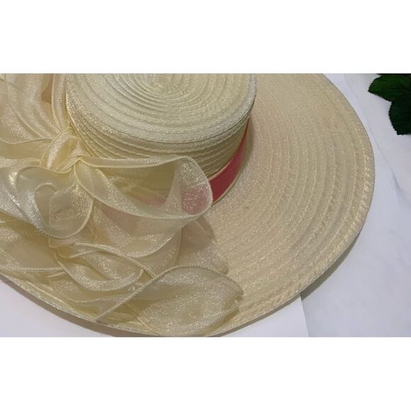 FORBUSITE Yellow and pink ribbon Lady Dress Hat Straw - Picture 8 of 8